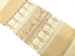 手織り紬　古代人物模様織り出し　名古屋帯